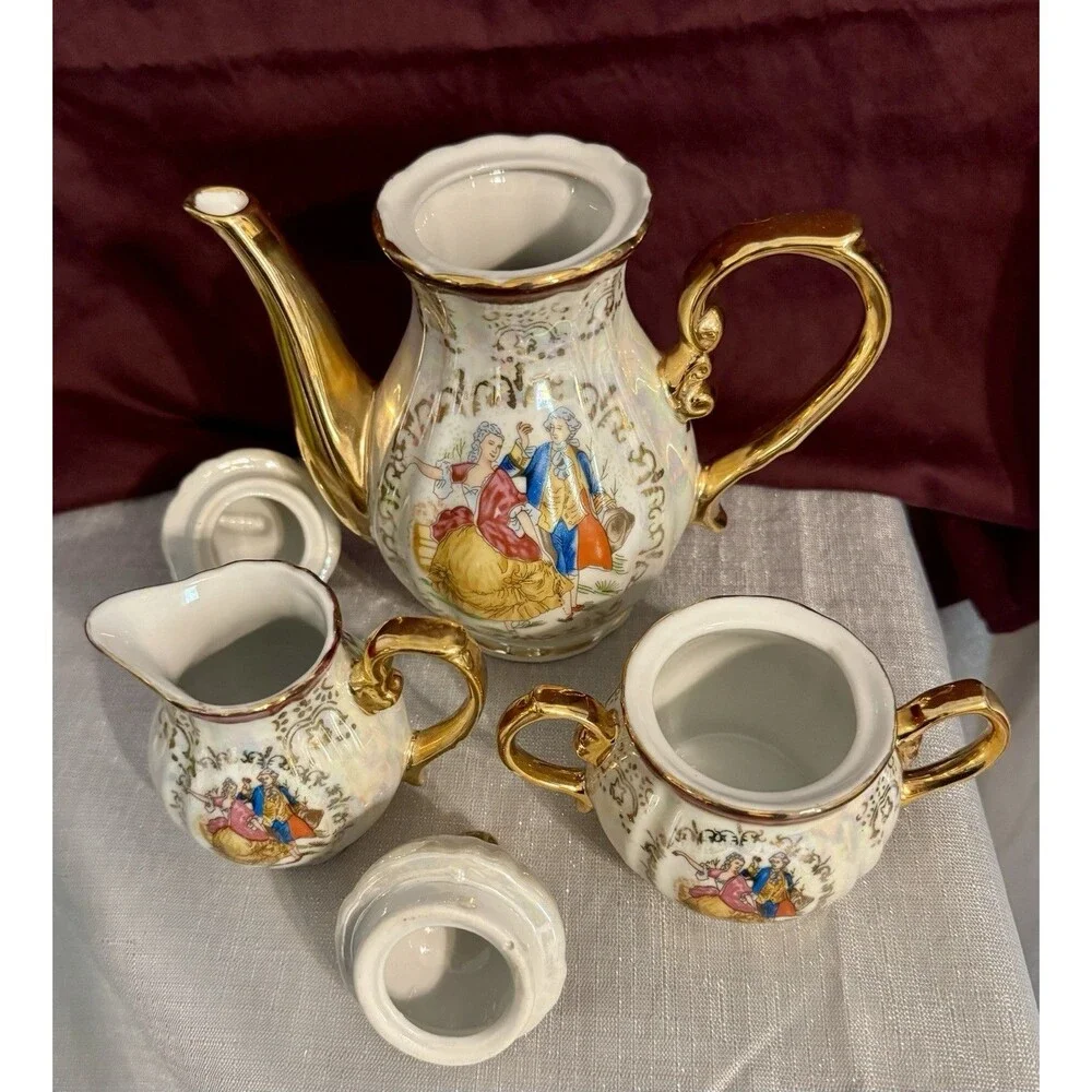 Porcelaine de Luxe A.D.P. Tea Set Teapot, Sugar, Creamer~ Courting Couple